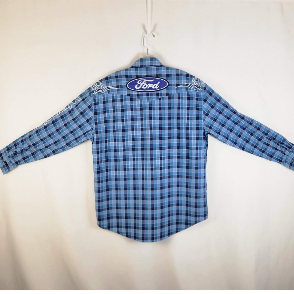 Wrangler x Ford Western Shirt Men Large Blue Plaid Long Sleeve Button Down Logo - Picture 4 of 8